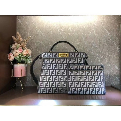 Geantă Fendi Peekaboo ISeeU din material textil tapiserie FF gri porumbel F1982 Gri