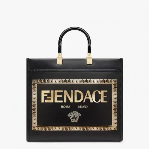 Geantă shopper Fendi Sunshine Medium Fendace din piele neagră cu imprimeu și logo 8BH386A