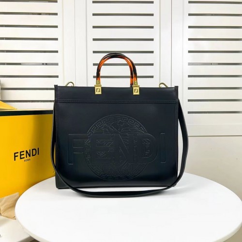 Geantă shopper Fendi Sunshine Medium Fendace din piele neagră cu imprimeu și logo F0873 neagră