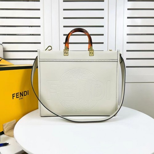 Geantă shopper Fendi Sunshine Medium Fendace din piele imprimată cu logo F0873 alb
