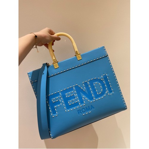 Geantă shopper din piele Fendi Sunshine albastru mediu 8BH386A