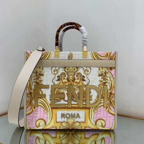 Geantă de cumpărături Fendi Tote din material textil cu imprimeu graffiti 23651 alb, roz și auriu