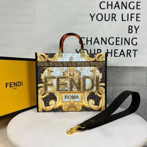 Geantă shopper Fendi Sunshine Medium Fendace din piele albă cu imprimeu 8BH386A-2