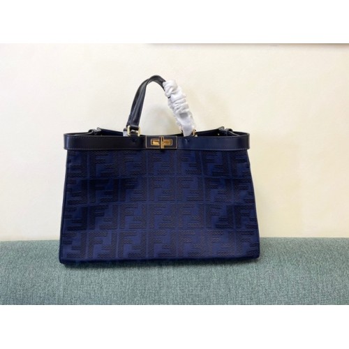 Geantă Fendi X-Tote din lână cu model pied-de-poule și broderie FF 8BH374A albastru închis