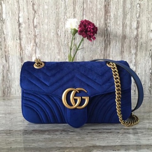 Geantă de umăr Gucci 443497 GG Marmont Chevron din catifea, albastră