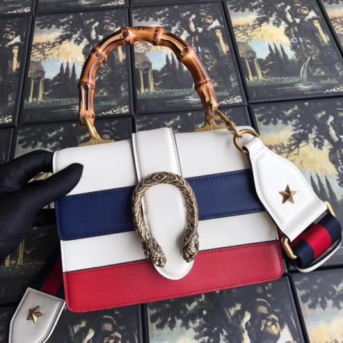 Geantă mică Gucci Dionysus cu mâner superior 523367 alb, albastru și roșu