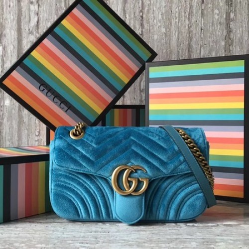 Geantă de umăr Gucci GG Marmont Chevron din catifea 443497 SkyBlue