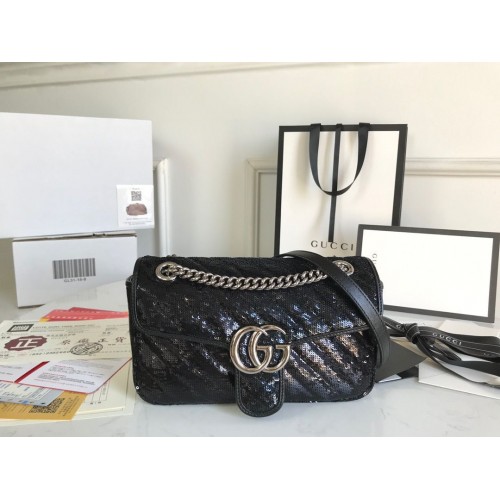 Geantă de umăr mică Gucci GG Marmont Sequin Mormont 443497 Neagră
