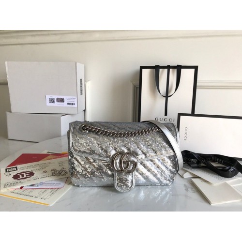 Geantă de umăr mică Gucci GG Marmont Sequin Mormont 443497 Argintie