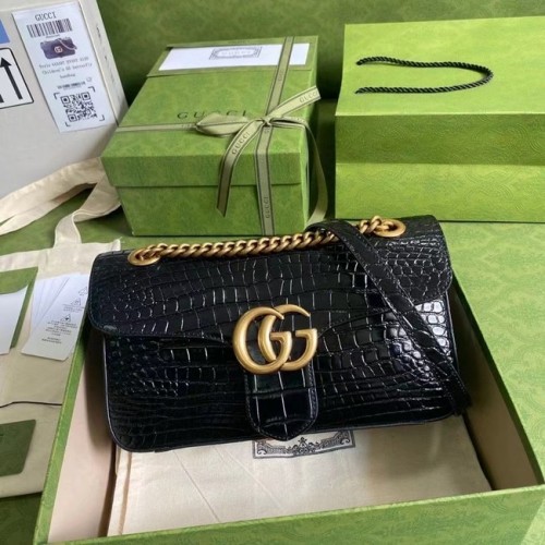 Geantă de umăr mică Gucci GG Marmont crocodil 443497 neagră
