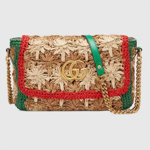Geantă de umăr mică Gucci GG Marmont din rafie 574433 Roșu și verde