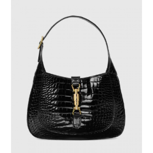 Geantă de umăr mică Gucci Jackie 1961 crocodil 636709 neagră