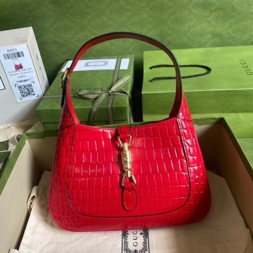 Geantă de umăr mică Gucci Jackie 1961 crocodil 636709 roșie