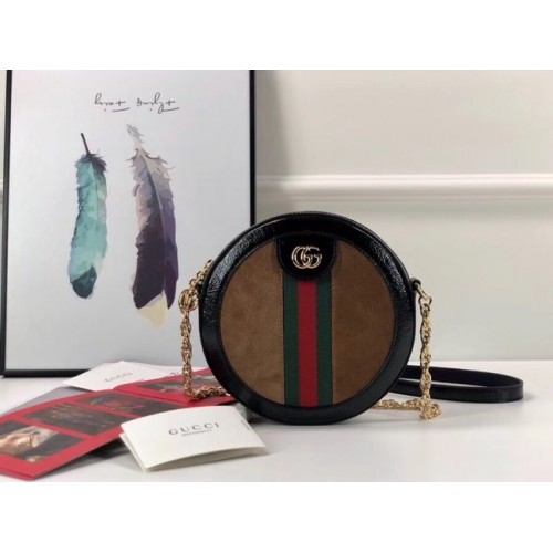 Geantă de umăr rotundă Gucci Ophidia mini 550618 piele întoarsă maro