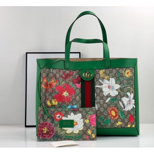 Geantă de cumpărături medie Gucci Ophidia series GG flower 547947 verde