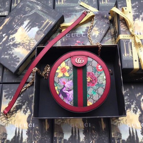 Geantă de umăr mini rotundă Gucci Ophidia series cu flori GG 550618 roșie