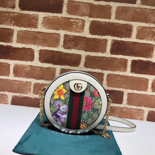 Geantă de umăr mini rotundă Gucci Ophidia series cu flori GG 550618 albă