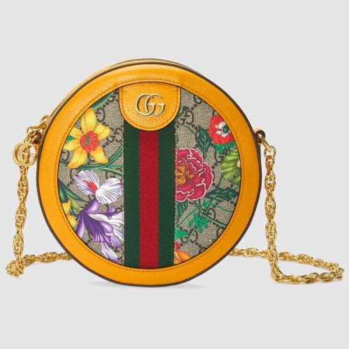 Geantă de umăr mini rotundă Gucci Ophidia series cu flori GG 550618 galbenă