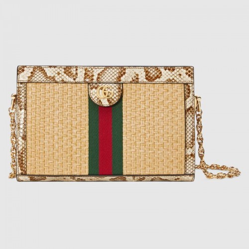 Geantă de umăr mică Gucci Ophidia din paie 503877 Crem