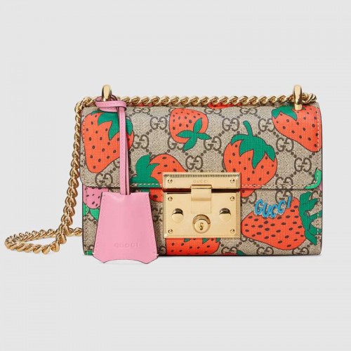 Geantă de umăr mică Gucci Padlock GG Strawberry 409487 Imprimeu căpșuni