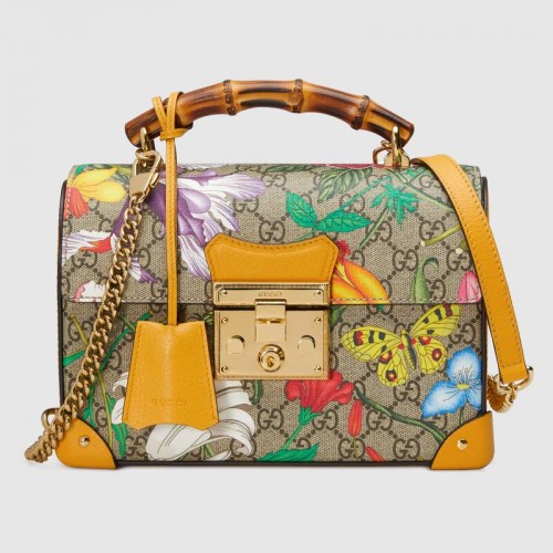 Rucsac de umăr mic Gucci Padlock GG din bambus 603221 galben