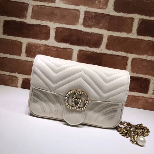 Geantă de umăr Gucci Pearl GG Marmont mică Matelasse Original din piele 443497 albă