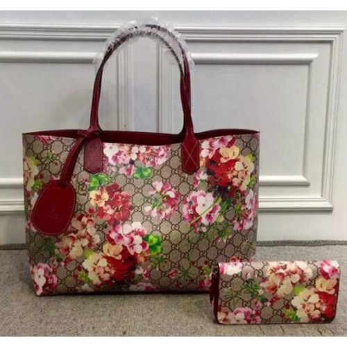 Genți tote Gucci reversibile din piele GG 368568 Roșu geranium