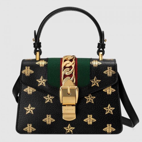 Geantă mini din piele Gucci Sylvie Bee Star 470270 neagră