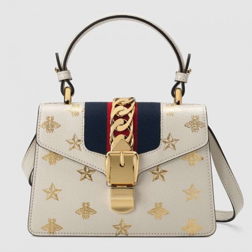 Geantă mini din piele Gucci Sylvie Bee Star 470270 albă