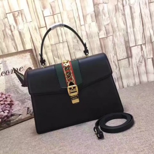 Geantă Gucci Sylvie din piele cu mâner superior 431665 Negru
