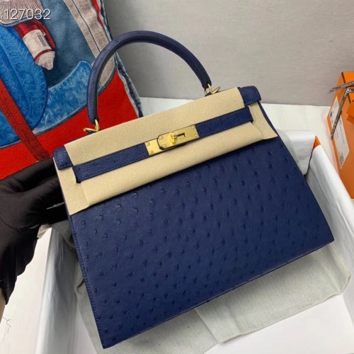 Geantă Hermes Kelly din piele originală, piele de struț H5600 albastru închis