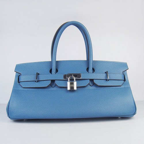 Geantă Hermes Birkin 6109 Togo din piele albastră 42cm argintie