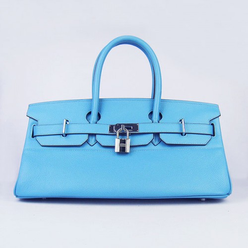 Geantă Hermes Birkin 6109 Togo din piele albastru deschis 42cm argintie