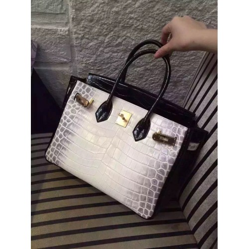 Geantă de umăr Hermes Birkin 30CM, albă și neagră, din piele crocodil H30 aurie