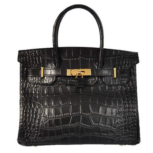 Genți tote Hermes Birkin 30CM negre din piele de crocodil aurii