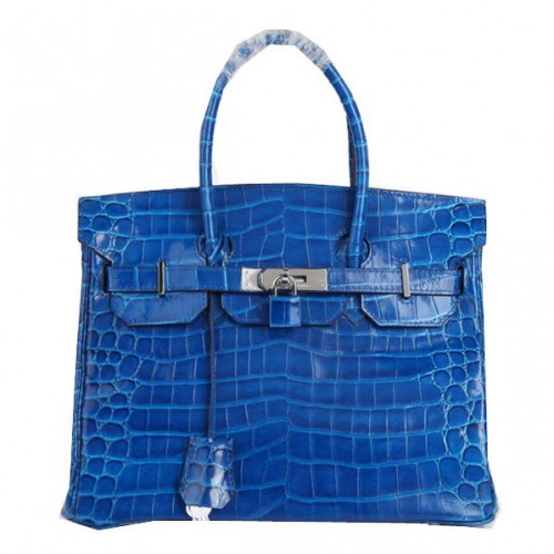 Genți tote Hermes Birkin 30CM, albastre, iridescente, din piele croco, argintii