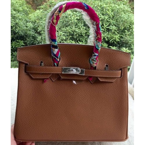 Genți tote Hermes Birkin 30CM din piele de vițel maro BK30 argintii