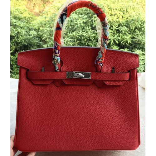 Genți tote Hermes Birkin 30CM din piele de vițel roșie BK30 argintii