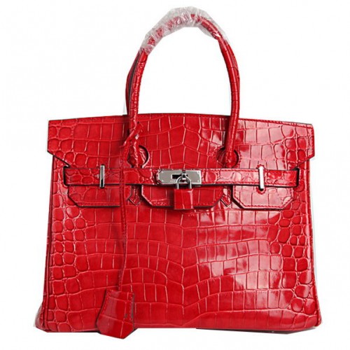 Genți tote Hermes Birkin 30CM, piele roșie iridescentă croco, argintii
