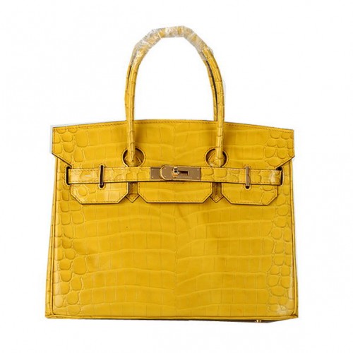 Genți tote Hermes Birkin 30CM, galbene, iridescente, din piele croco, aurii