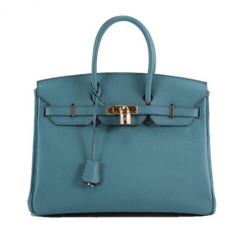 Geantă Hermes Birkin 35CM din piele netedă 6089 Albastru Auriu