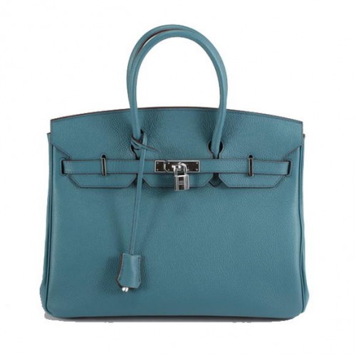 Geantă Hermes Birkin 35CM din piele netedă 6089 Albastru Argintiu