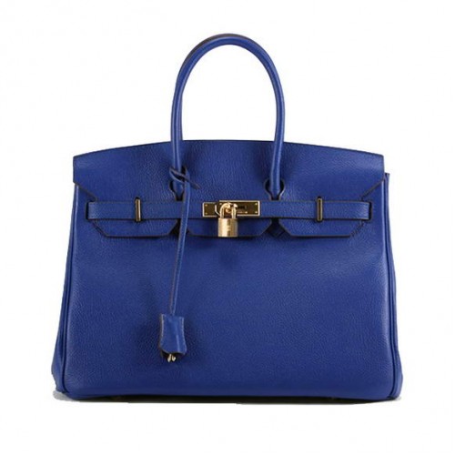 Geantă Hermes Birkin 35CM din piele netedă 6089 Albastru închis Auriu