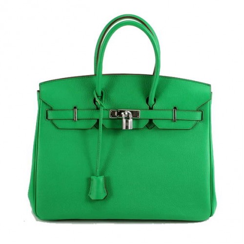 Geantă Hermes Birkin 35CM din piele netedă 6089 Verde închis Argintiu