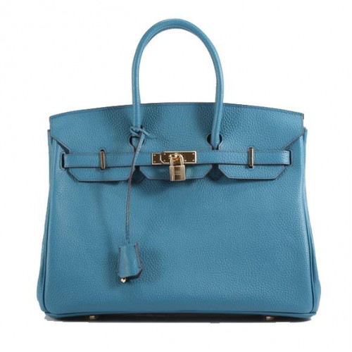 Geantă de mână Hermes Birkin 35CM Togo din piele 6089 Albastru Auriu