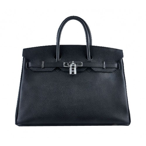 Geantă Hermes Birkin 35CM din piele neagră granulată, argintie