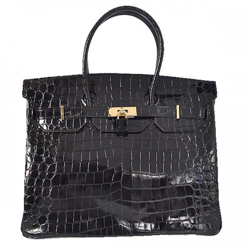 Geantă Hermes Birkin 35CM, piele neagră iridescentă croco, aurie