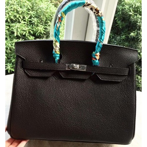 Geantă Hermes Birkin 35CM din piele neagră Litchi BK35 argintie