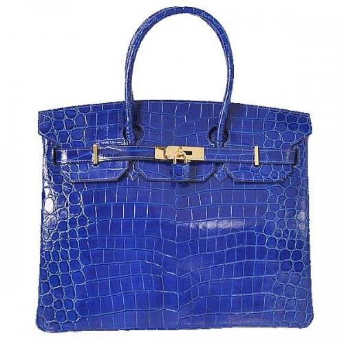 Geantă Hermes Birkin 35CM, piele albastră iridescentă croco, aurie