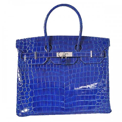 Geantă Hermes Birkin 35CM, piele albastră iridescentă croco, argintie